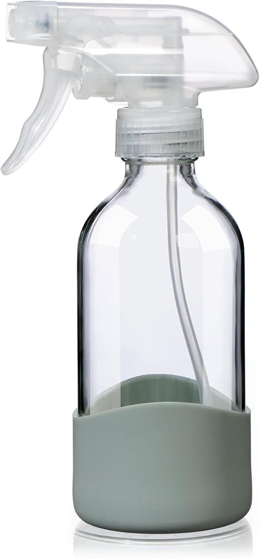8oz Clear Glass Spray Bottles with Silicone Sleeve–Refillable Spray Bottles for Cleaning Solutions,Hair,Plants&Essential Oils–Leakproof,Adjustable Nozzle,Reusable,Eco-Friendly (1 Pack)