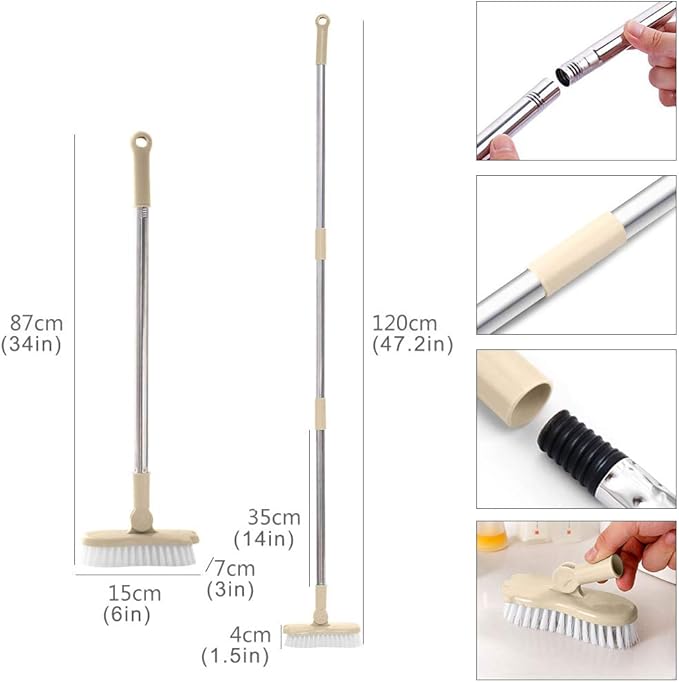 LandHope Long Handled Scrub Brush Rotatable Brush Head Floor Brush Scrubber Adjustable Poles Small Shower Tile Grout Scrubber Cleaning Brush for Bathroom Bathtub Kitchen Balcony Wall Deck - Beige