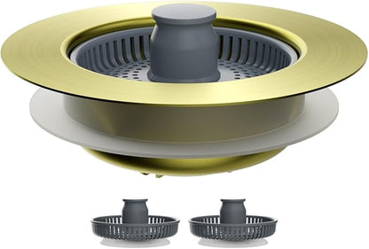 Hibbent Upgraded 3 in 1 Kitchen Sink Drain Strainer and Stopper Combo, Stainless Steel Metal Pop Up Sink Stopper, 3 Anti-Clogging Basket Strainers for US Standard 3-1/2 Inch Drain, Brushed Gold