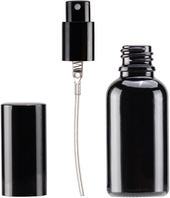YIZHAO Black Glass Spray Bottles 1oz, with Small Fine Mist Spray, Metal Cap, Refillable for Essential Oil,Travel,Cleaning,Perfume,Aromatherapy,Makeup – 12 Pcs