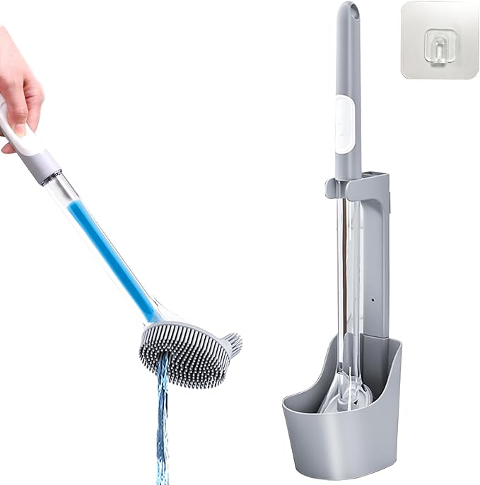 Silicone Toilet Bowl Brush and Holder Set, Bathroom Toilet Bowl Cleaner Brush, refillable Toilet Brush with soap Dispenser