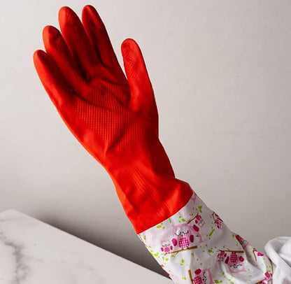 Myungjin Fleece-Lined, Flock Lining, Insulated Long Cuff, Reusable Waterproof Household Kitchen Dishwashing Non-Slip Cleaning Latex Rubber Gloves (2 Pairs)