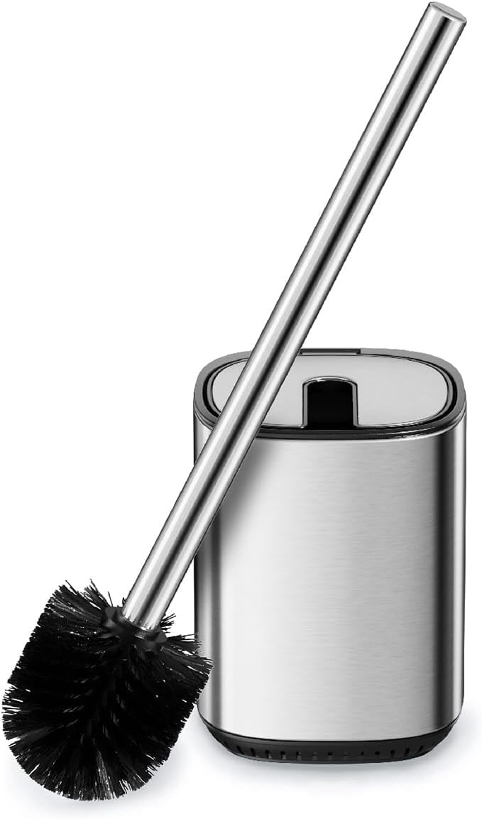 Toilet Brush and Holder Set Durable Toilet Scrubber Sleek Toilet Bowl Brush Stainless Steel Bathroom Toilet Brush Set with Lid Toilet Cleaning Brush(1, Stainless Steel)