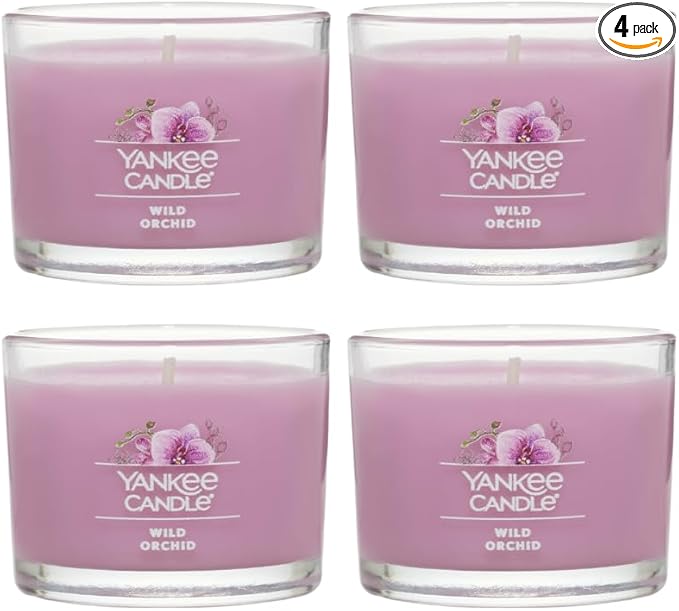 Yankee Candle Mini Jar, Wild Orchid Floral Fragrance, Decorative Votive Candle Set for Gifting and Ambience, Clean Burning Natural Fiber Wick, 1.3 Ounce (Pack of 4)