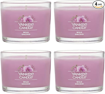 Yankee Candle Mini Jar, Wild Orchid Floral Fragrance, Decorative Votive Candle Set for Gifting and Ambience, Clean Burning Natural Fiber Wick, 1.3 Ounce (Pack of 4)