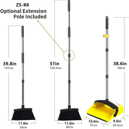 2-Pack is More economical,Brooms with Dustpan Combo Set， with 52" Long Handle, Dustpan Teeth with self-Cleaning Function, Indoor and Outdoor Sweeping, Perfect for Home Office(Large/Yellow /2-Pack).