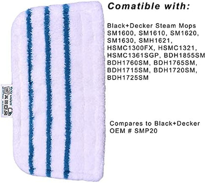 6 Pack Washable Mop Pads Replacements Compatible with Black + Decker Steam Mop (compares to SMP20). Fits: 1600 Series, HSMC1300FX HSMC1321 HSMC1361SGP BDH1855SM BDH1760SM BDH1765SM BDH1720SM BDH1725SM