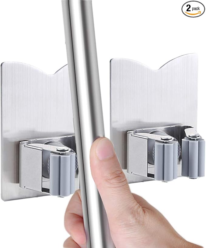 HANZE 2 Pack Mop Broom Holder Racks 304 Stainless Steel Self Adhesive Heavy Duty Wall Mounted Mop Organizer Storage Clip Multi-Used for Garage Kitchen and Bathroom