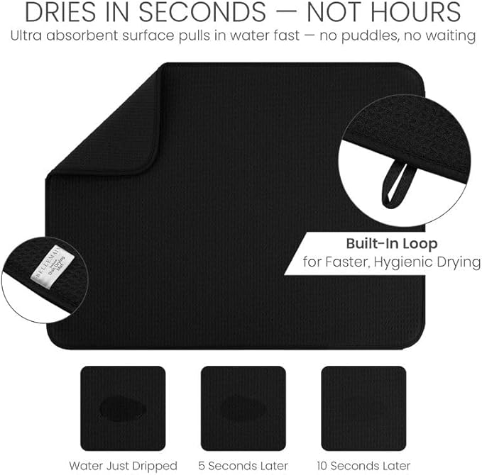 Bellemain XL Dish Mat Microfiber Dish Drying Mat, Super absorbent (Black, 17" x 24")