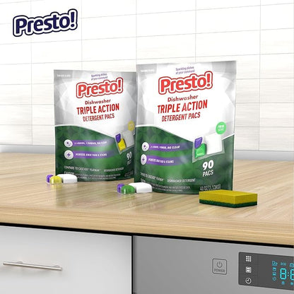 Amazon Brand - Presto! Triple Action Dishwasher Pacs, Lemon Scent, 90 Count