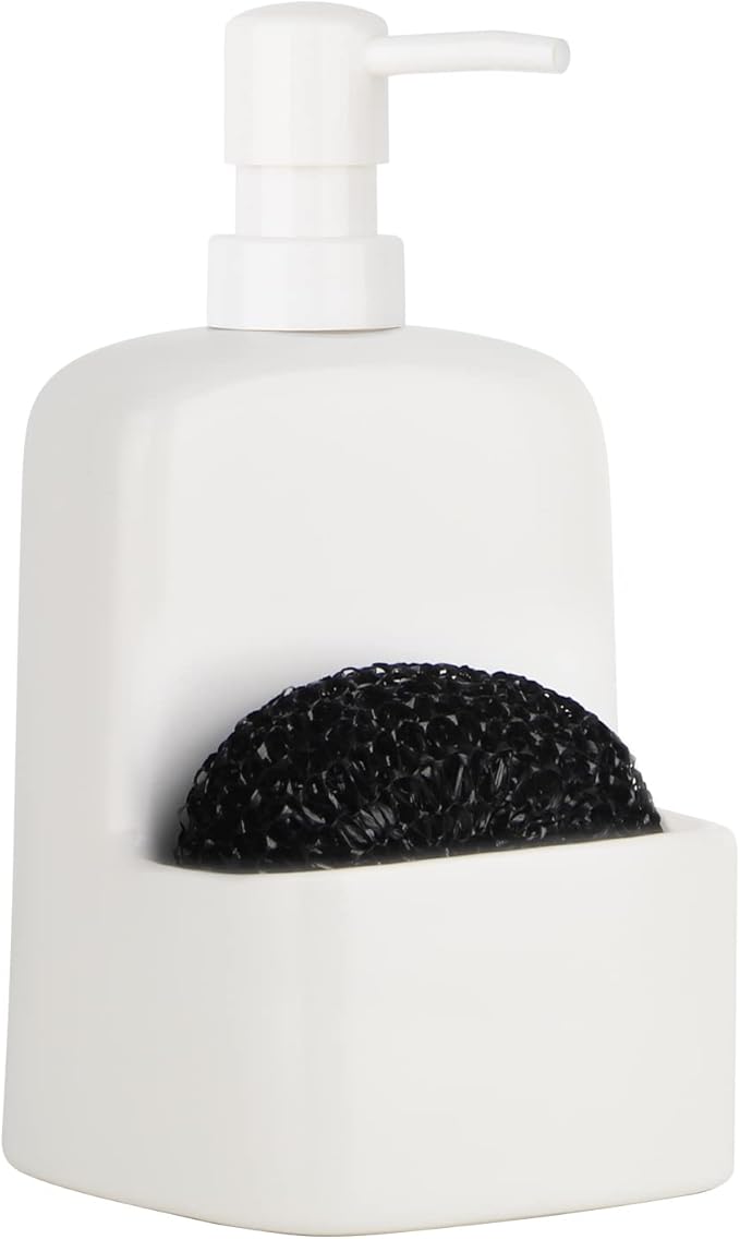 Dish Soap Dispenser - Kitchen Soap Dispenser with Sponge Holder Matte Ceramic Soap Daddy Dispenser 20oz for Kitchen (Matte White)