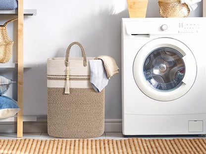 Woven Laundry Basket for Clothes, 80 L Large Rectangle Laundry Hampers with Beads Tassel, Nursery Storage Basket for Toys, Tall Dirty Clothes Hamper for Bedroom Aesthetic, Laundry Room Organization