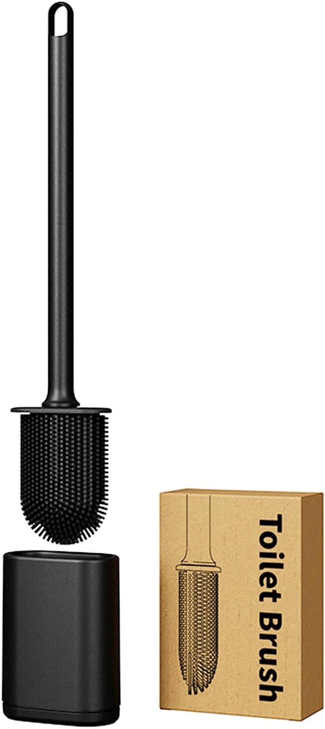 Dual-Sided RV Silicone Toilet Brush with TPR Bristles & Detachable ABS Handle Set, Wall Mountable Toilet Bowl Brush,Flexible Cleaners Brushes for 360°Deep Cleaning Bathroom/Camper (Black)