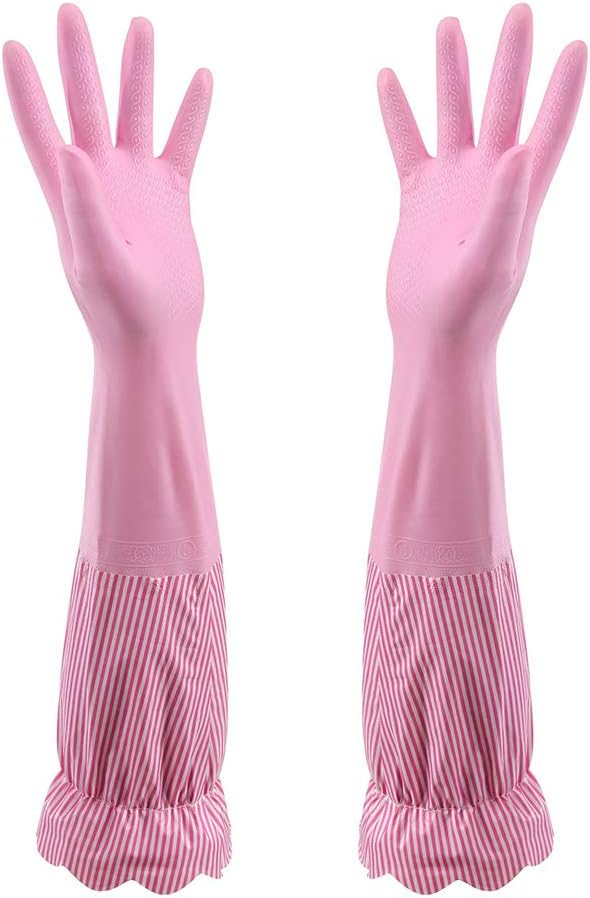 RARITYUS Household Kitchen Cleaning Gloves Waterproof Cotton Lined Dishwashing Non-Slip Long Cuff Gloves