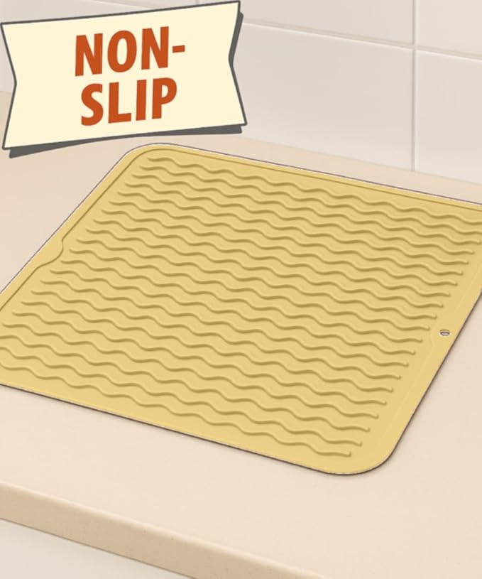 Silicone Drying Mat 16 × 12 – Yellow Tan Non-Slip Sink Mat for Kitchen Counter, Heat-Resistant Food-Grade Dish Pad, Easy-Clean Multipurpose Drawer Liner (Yellow Tan, 16" x 12")