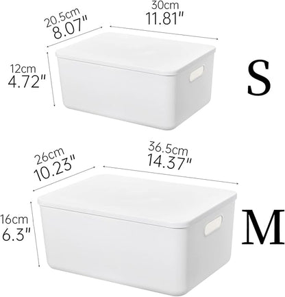 Plastic Storage Baskets Bins Boxes With Lids,Organizing Container White Storage Organizer Bins For Shelves Drawers Desktop Playroom Classroom Office,3-Pack(M+2S)