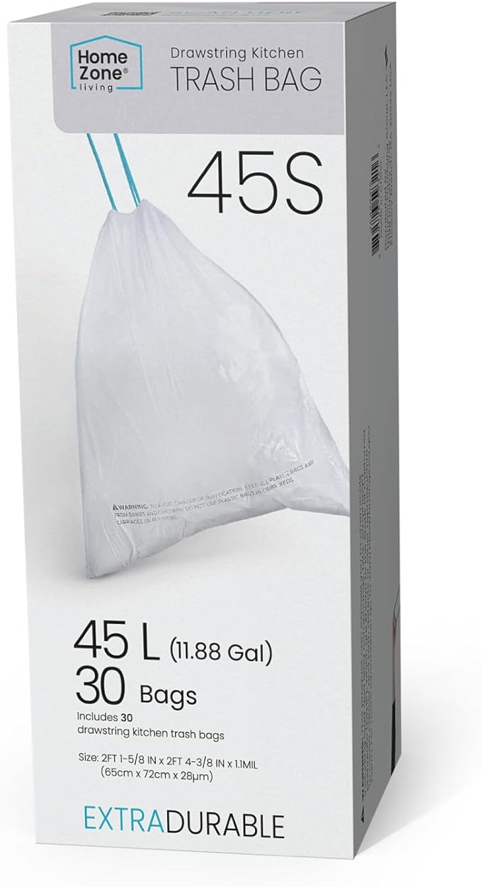 Home Zone Living 12 Gallon Kitchen Trash Bags with Drawstring Handles, Heavy Duty Custom Fit Design for Standard 45 to 50 Liter Kitchen Trash Cans, Code 45S, 30-Count