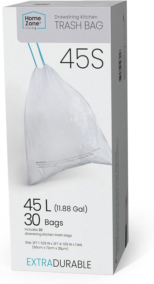 Home Zone Living 12 Gallon Kitchen Trash Bags with Drawstring Handles, Heavy Duty Custom Fit Design for Standard 45 to 50 Liter Kitchen Trash Cans, Code 45S, 30-Count