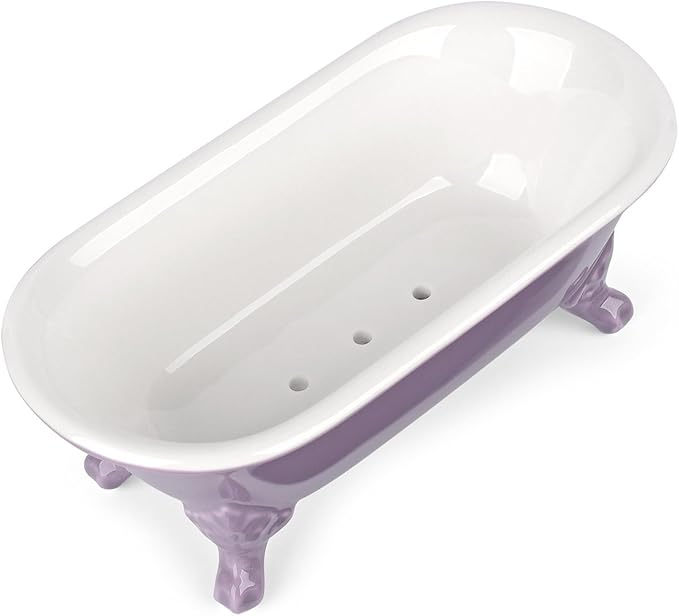 6.5" Ceramic Mini Decorative Clawfoot Bathtub Bar Soap Dish, Kitchen Sponge Holder and Shower Tray for Bathroom, 1 Pack(Lavender)