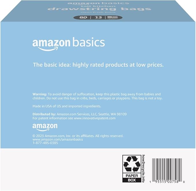 Amazon Basics Tall Kitchen Drawstring Trash Bags, Clean Fresh Scent, 13 Gallon, Odor Control, 0.9 mil Thickness, 80 Count (Previously Solimo)
