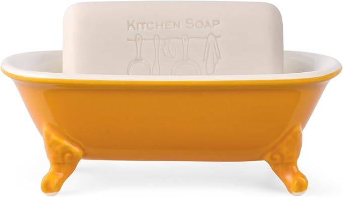 6.5" Ceramic Mini Decorative Clawfoot Bathtub Bar Soap Dish, Kitchen Sponge Holder and Shower Tray for Bathroom, 1 Pack(Golden Yellow)