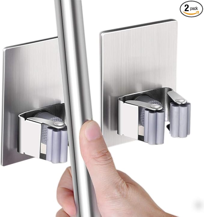HANZE 2 Pack Stainless Steel Mop Broom Holder Organizer, Self Adhesive Wall Mounted Mop Organizer Storage Rack Clip for Kitchen Bathroom and Garage (Rectangle, Large)