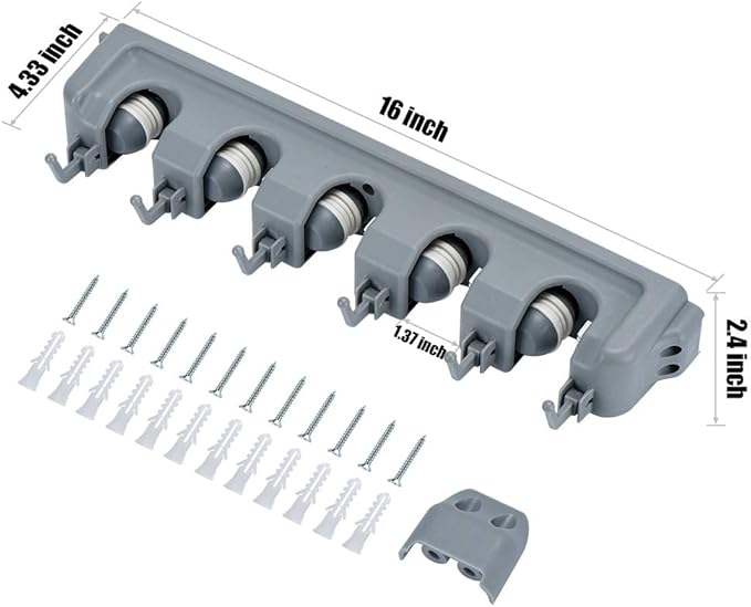 HOME MASTER HARDWARE (2 Pack 16 in Broom Mop Holder Garage Storage Organizer with 5 Racks 6 Hooks Adjustable Wall Mounted Storage Tool for Lanudry Garage Kitchen Garden