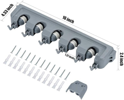 HOME MASTER HARDWARE (2 Pack 16 in Broom Mop Holder Garage Storage Organizer with 5 Racks 6 Hooks Adjustable Wall Mounted Storage Tool for Lanudry Garage Kitchen Garden
