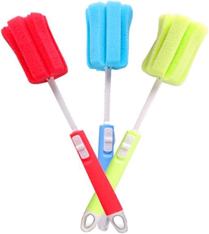 3PCS Dishwashing Foam Sponge Brush with Adjustable Long Handle Bottle Scrubber Cleaning Sponges Brushes Cleaner Soft for Baby Bottle Kitchen Clean Glasses Mugs Cups (Color Random)