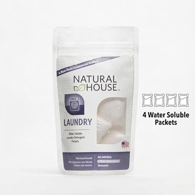 Natural House Laundry Pods - Probiotic Detergent with Oxygen Boost - Plant-Based - Septic Safe - Fragrance Free - 4 Count