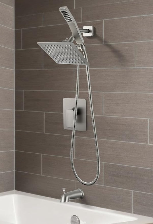 All Metal Shower Faucet Set, Dual Square Shower Head System with Handheld Wand, Diverter, Hose Complete Combo, Pressure Balance Rough-in Valve and Tub Spout Included (Brushed Nickel)
