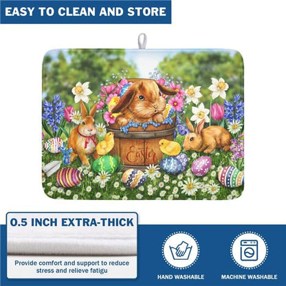 Easter Bunnies Eggs Dish Drying Mat for Kitchen Counter,Spring Colorful Flowers Drying Mat 18 x 24 Inch with High Absorbent Microfiber Drainer Mat for Coffee Bar