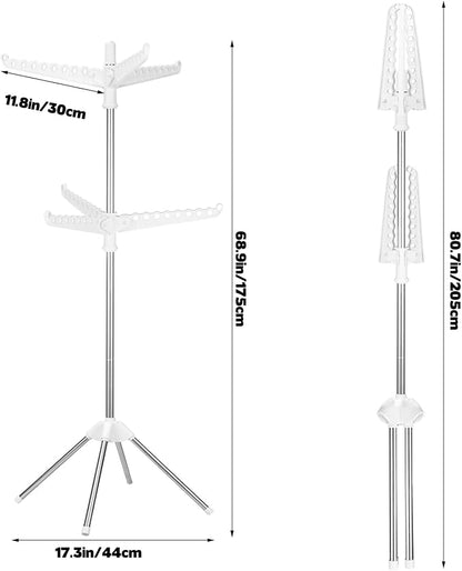 2-Layer Rotatable & Foldable Clothes Drying Rack 75" Stainless Steel Laundry Drying Tree with 6 Rotatable Arms, 4-Leg Free-Standing Hanger Stand for Indoor, Balcony, and Laundry Room