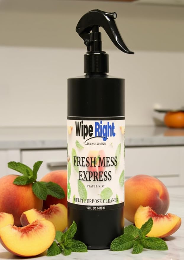 Wipe Right Cleaning Solution- Fresh Mess Express- Multi Purpose Household Daily Cleaner. Plant Based 16 oz. Peaches And Mint Scented. Use in Kitchen, bathroom, countertop,walls,fridge,stove