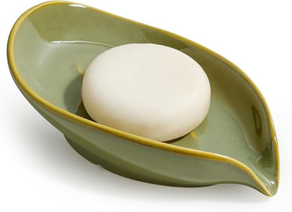 Soap Holder, Self-Draining Soap Dish, Leaf Shape Ceramic Bar Soap Holder Drain Soap Dishes for Bathroom Sink Kitchen, Easy to Clean Keeps Soap Dry, Olive Green, ANTIS'S HOME