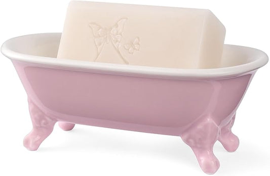 6.5" Ceramic Mini Decorative Clawfoot Bathtub Bar Soap Dish, Kitchen Sponge Holder and Shower Tray for Bathroom, 1 Pack (Pink)