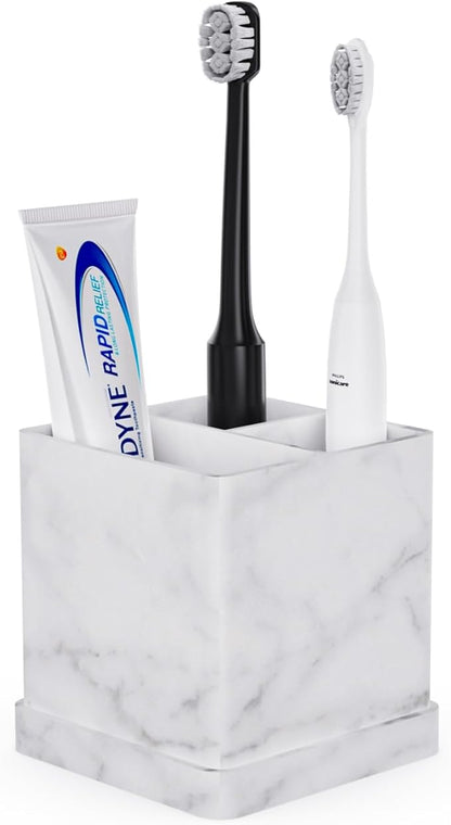 Toothbrush Holders for Bathrooms, 3 Slots Kids Countertop Silicone Electric Tooth Brush and Toothpaste Holder Organizer Stand with Drainage Tray, Bathroom Accessories Decor, White Marble