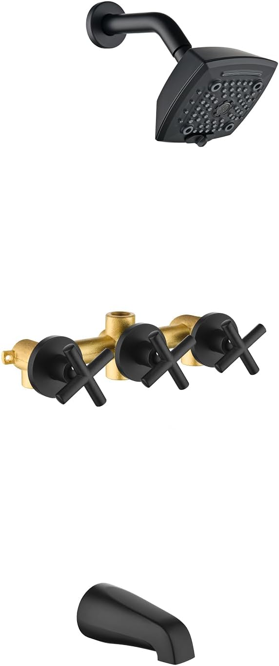 3 Handle Shower Faucet Set with Tub Spout 6-Spray Shower Head and Handle Set Shower Trim Kit with Rough-in Valve Bathroom Shower Faucet Valve Trim Kit Shower System Matte Black