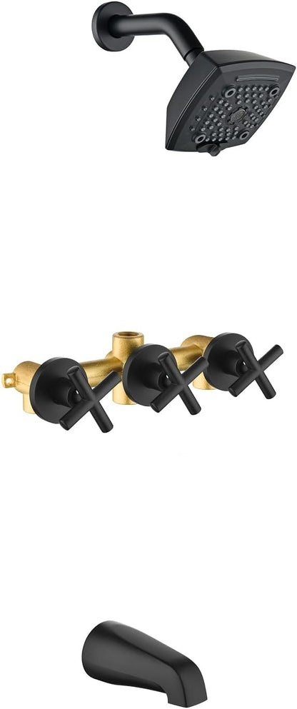 3 Handle Shower Faucet Set with Tub Spout 6-Spray Shower Head and Handle Set Shower Trim Kit with Rough-in Valve Bathroom Shower Faucet Valve Trim Kit Shower System Matte Black