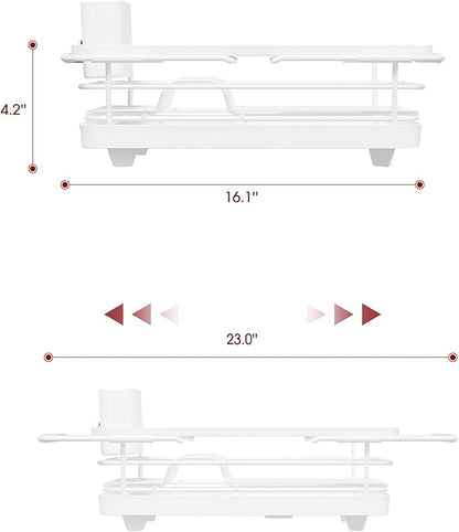 Sakugi Extendable Dish Drying Rack Over Sink with Dish Drainer, Sink Organization and Storage Essentials with Silverware & Utensil Holder, Home and Apartment Decor, 12" W x 16.1~23" L, White