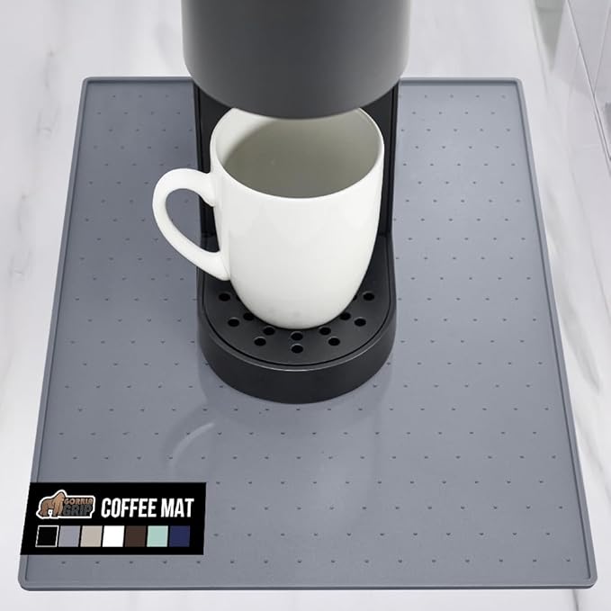 GORILLA GRIP Silicone Coffee Mat, Espresso Machine Bar Accessories, Keep Kitchen Counters Clean, Stays in Place, Waterproof and Heat Resistant Dish Drying Mats, Home Decor Essentials, 10x14, Gray
