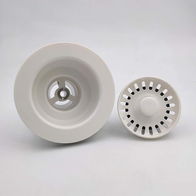 White Polymer Drain Kitchen Sink Drain Assembly with Removable Basket Strainer and Rubber Stopper for 3.5-Inch Drain Openings, Matching Color of Quartz, Granite Sinks