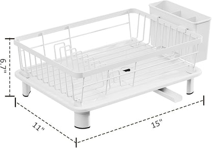 Small Dish Drying Rack, Space Saving Dish Racks for Kitchen Counter, Kitchen Organizer Dish Drainer with Cutlery Holder for Spoons and Forks, 11''W x 15''L, White