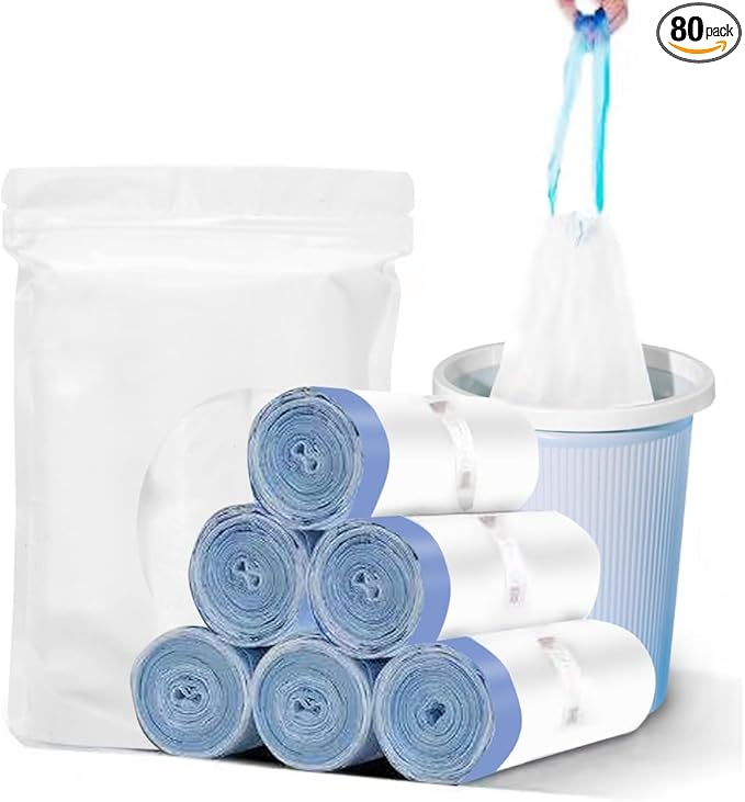 Small Trash Bag, 2.6 Gallon Garbage Bags Bathroom Trash can Liners for Bedroom Home Kitchen 80 Counts,2 Gallon Trash Bag with Blue Drawstring, White Bags