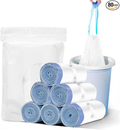 Small Trash Bag, 2.6 Gallon Garbage Bags Bathroom Trash can Liners for Bedroom Home Kitchen 80 Counts,2 Gallon Trash Bag with Blue Drawstring, White Bags