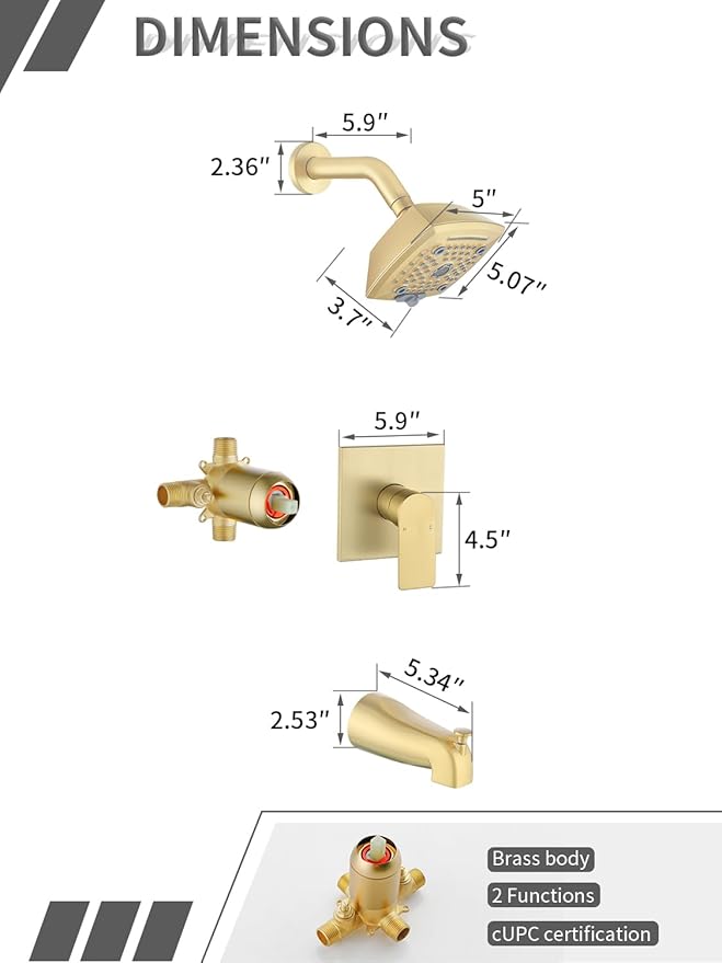 Brushed Gold Shower Head and Handle Set 5 Inch Bathtub Faucet Shower Faucet with 6-Spray Shower Head Shower Valve Kit Modern Shower Set High-Pressure Shower Trim Kit