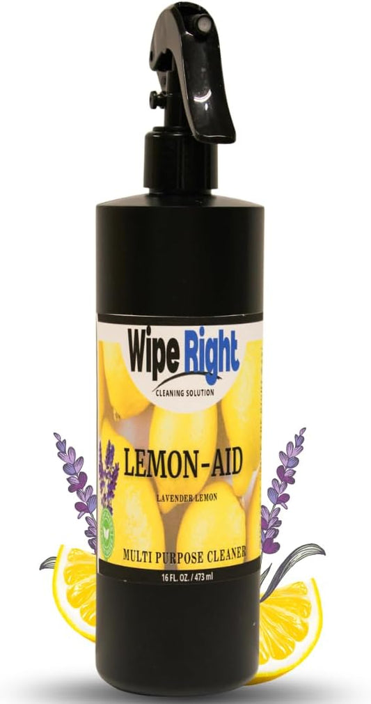Wipe Right Cleaning Solutions-MultiPurpose Lemon-Aid Cleaner. Plant Based 16 oz. Household Daily Cleaner. Lavender And Lemon Scented. Use in Kitchen, bathroom, countertop,walls,fridge,stove