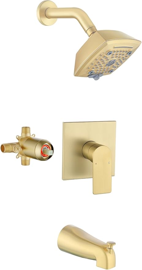 Brushed Gold Shower Head and Handle Set 5 Inch Bathtub Faucet Shower Faucet with 6-Spray Shower Head Shower Valve Kit Modern Shower Set High-Pressure Shower Trim Kit