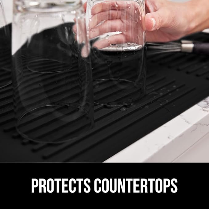 GORILLA GRIP 100% BPA-Free Patented Silicone Dish Drying Mat for Kitchen Counter, Water Catching Ribbed Design, Easy Clean Waterproof Sink Liner, Heat Resistant, Fits Under Rack, 11x13 Inch, Black