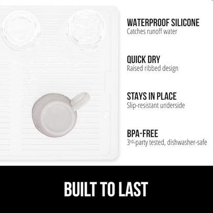 GORILLA GRIP 100% BPA-Free Patented Silicone Dish Drying Mat for Kitchen Counter, Water Catching Ribbed Design, Easy Clean Waterproof Sink Liner, Heat Resistant, Fits Under Rack, 11x13 Inch, White
